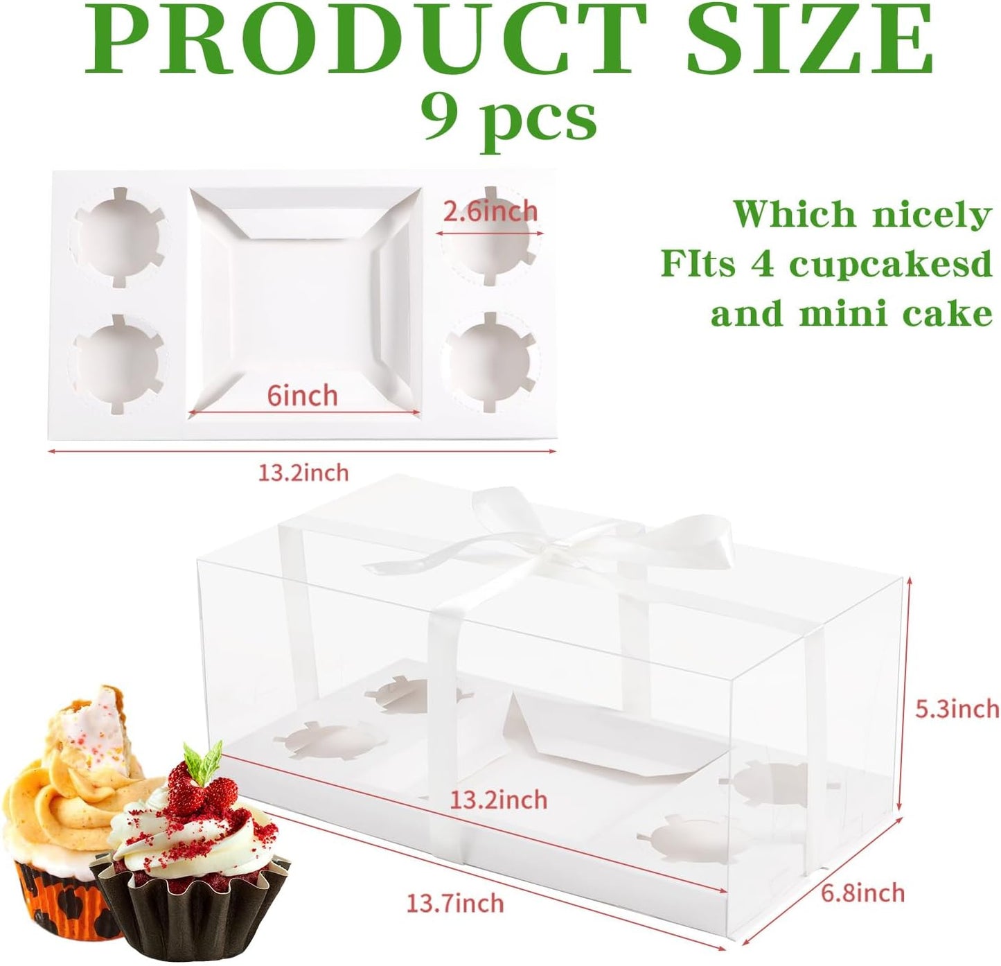 JCD 9 Pcs Clear Cupcake Boxes Combo,Cakes and Cupcakes Box 1+4 Bento Box Clear Bento Cakes Boxes Fit 4 Cupcake and 1 Mini Cake for Valentine Wedding Birthday(1+4/9Pcs)