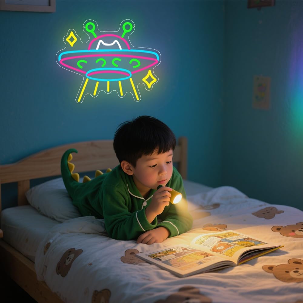 UFO Neon Sign,Cat Dimmable LED Light Signs for Wall Art Decor,Space Backdrop for Game Room Bedroom Club Party Man Cave,Gift for Boys Teen Men USB Powered（15"*12.1"）