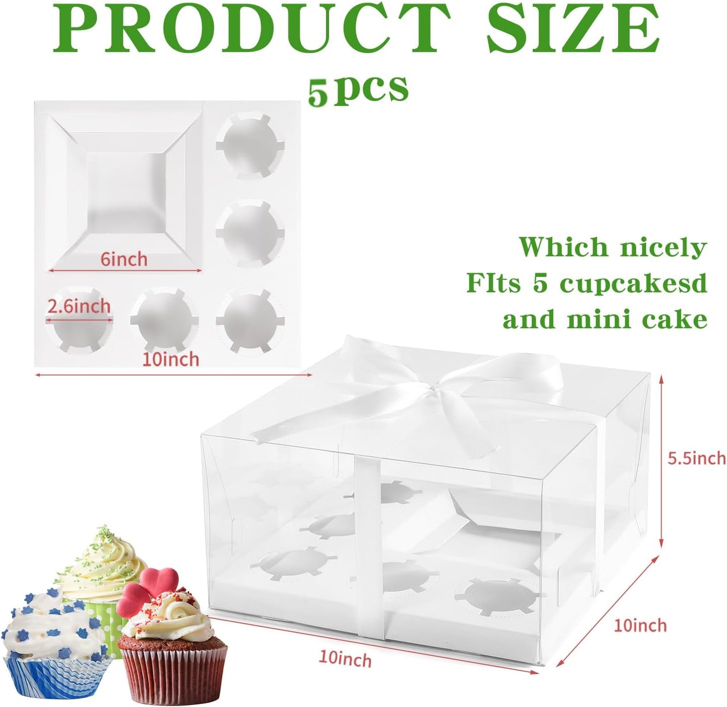JCD 5 Pcs Bento Cake and Cupcake Box 1+5 Combination Clear Window Bento Boxes with Ribbon 4-5in Mini Cake and 5 Cupcakes Combo Box for Family Dinner Wedding Birthday Party Picnic Gift(1+5/5Pcs)