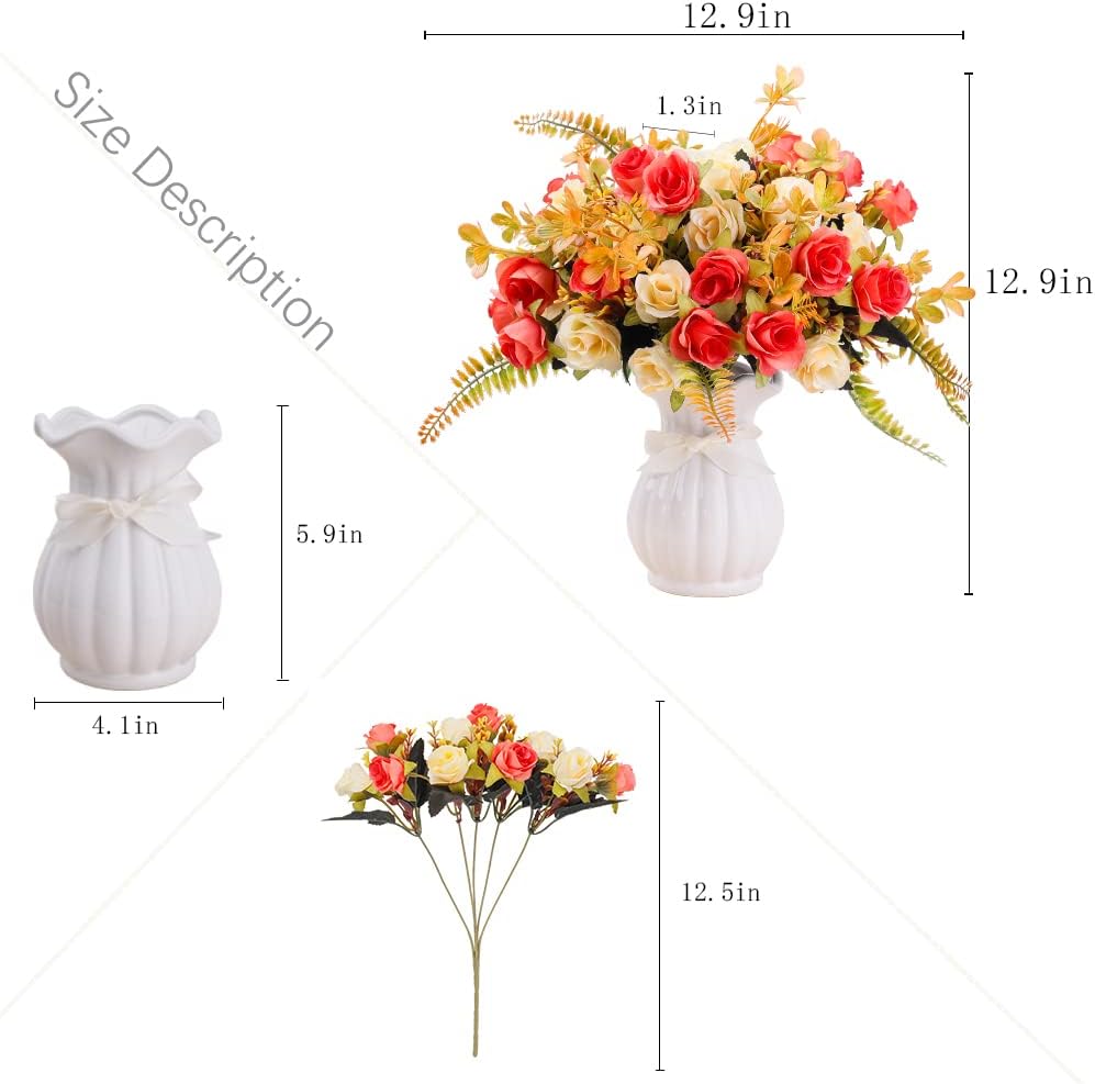 LESING Artificial Fake Flowers with Vase Silk Artificial Roses Wedding Flowers Bouquets Home Office Party Meeting Room Decoration (Sunset-1)