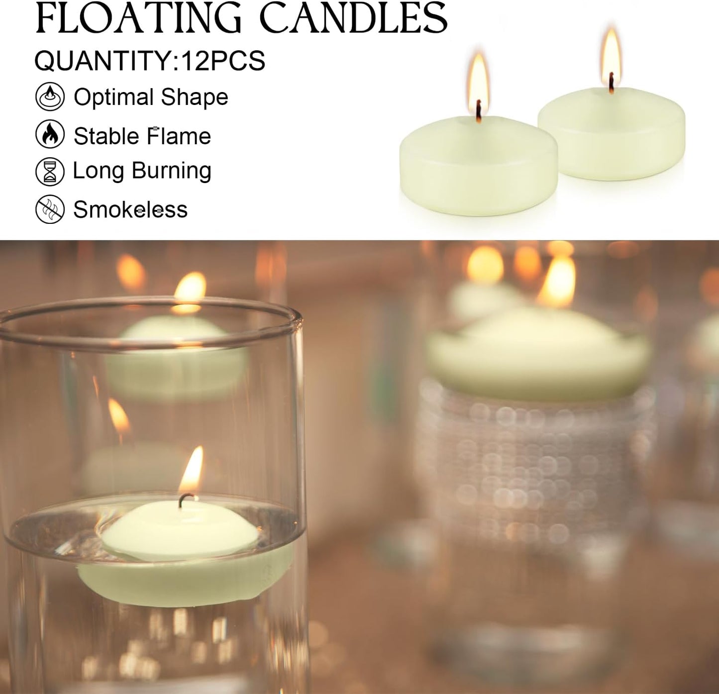 12 Pcs 2 - inch Floating Candles, Ivory, Smokeless and Unscented, Burns Continuously for 5-6 Hours, Be Good for Holidays, Weddings, Vacations, and Home Décor.
