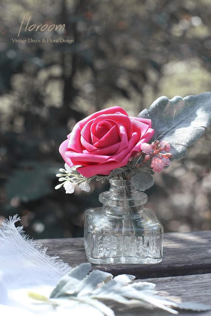 Floroom Artificial Flowers 25pcs Real Looking Fuchsia Foam Fake Roses with Stems for DIY Wedding Bouquets Bridal Shower Centerpieces Floral Arrangements Party Tables Home Decorations