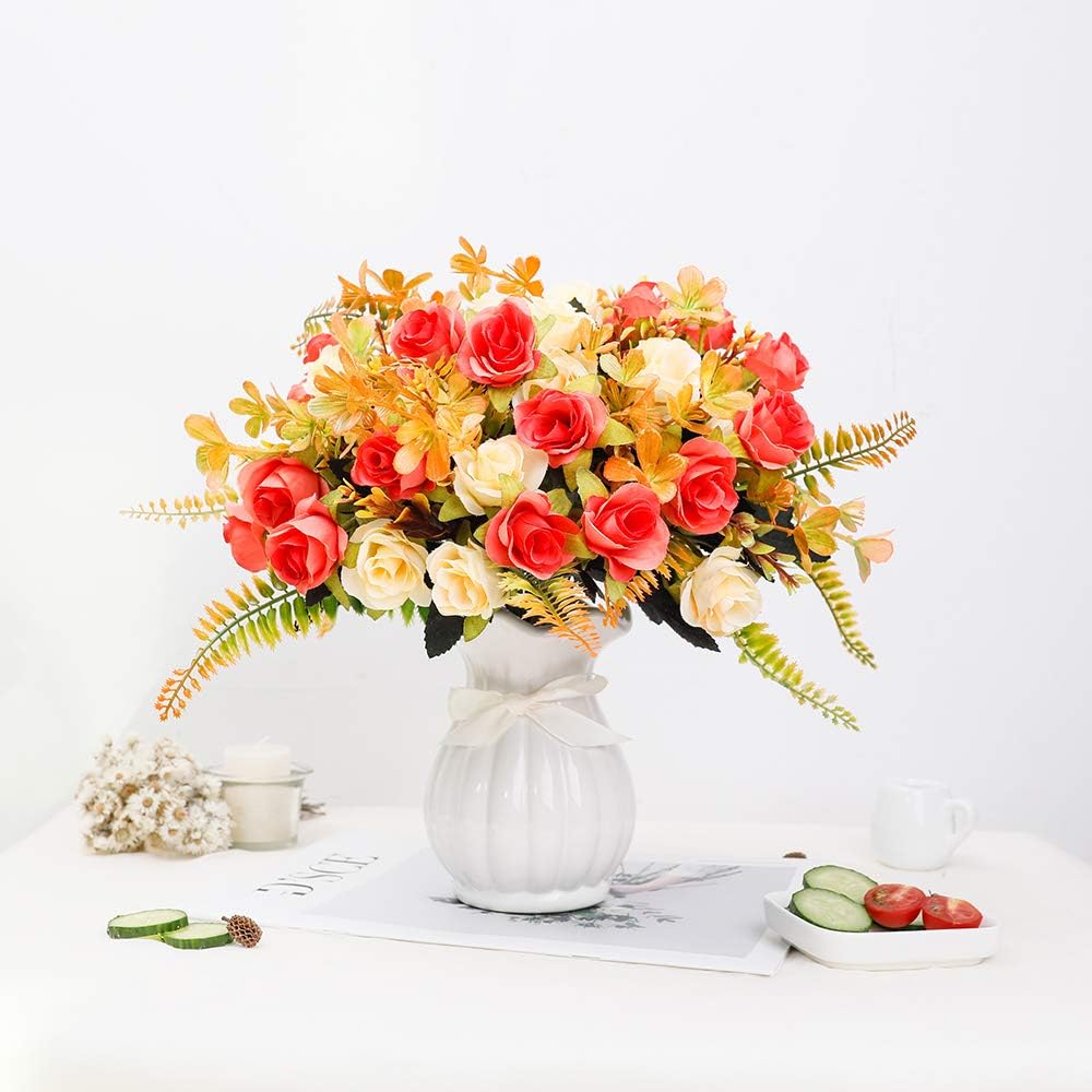 LESING Artificial Fake Flowers with Vase Silk Artificial Roses Wedding Flowers Bouquets Home Office Party Meeting Room Decoration (Sunset-1)
