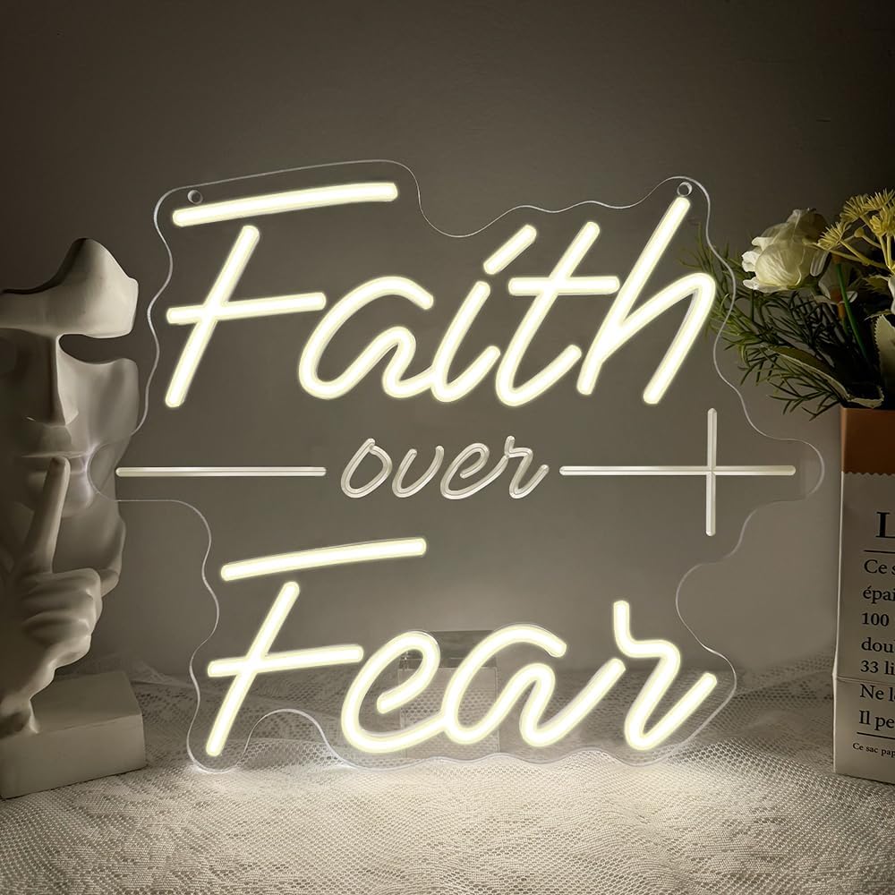 Faith Over Fear Neon Sign,Christian Dimmable LED Light Signs for Wall Art Decor,Warm White Backdrop for Bedroom Club Party Man Cave,Gift for Teen Men USB Powered（13.8"*11.6"）