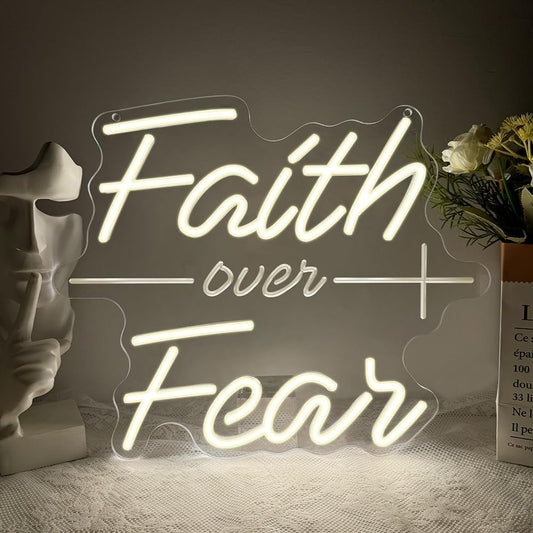 Faith Over Fear Neon Sign,Christian Dimmable LED Light Signs for Wall Art Decor,Warm White Backdrop for Bedroom Club Party Man Cave,Gift for Teen Men USB Powered（13.8"*11.6"）