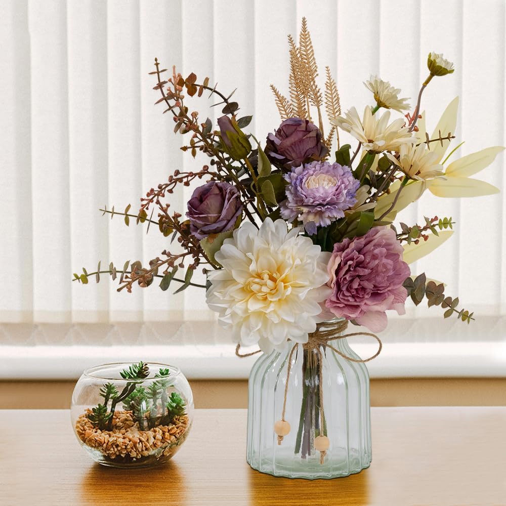 LESING Dahlia Flower Aritificial Flower with Vase Fake Silk Flowers in Glass Vase Faux Rose Flowers Arrangement for Home Office Table Centerpiece Decoration (Purple)