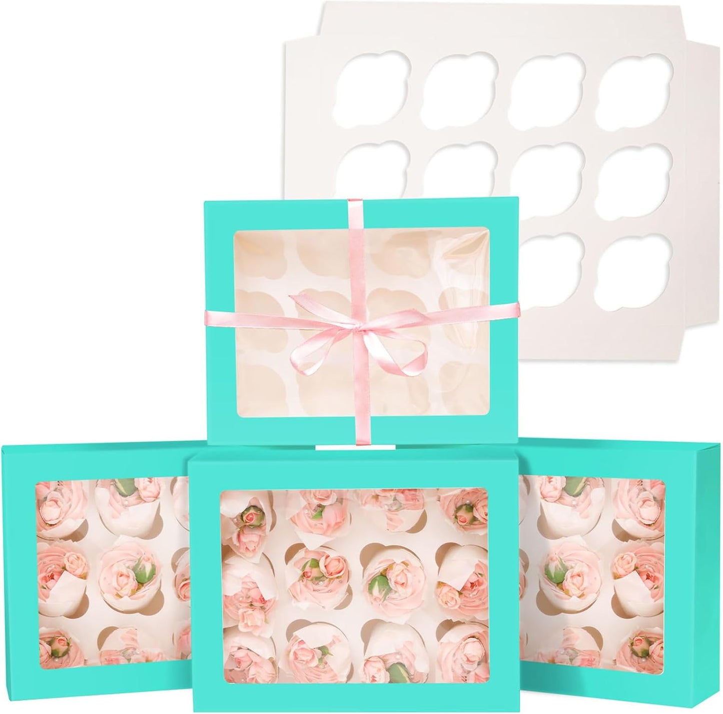 12 Cupcake Containers 10-Packs Cupcake Box Cupcakes Carrier, Mint Blue 12 Cupcake Boxes with Window 13"x10"x3.5"
