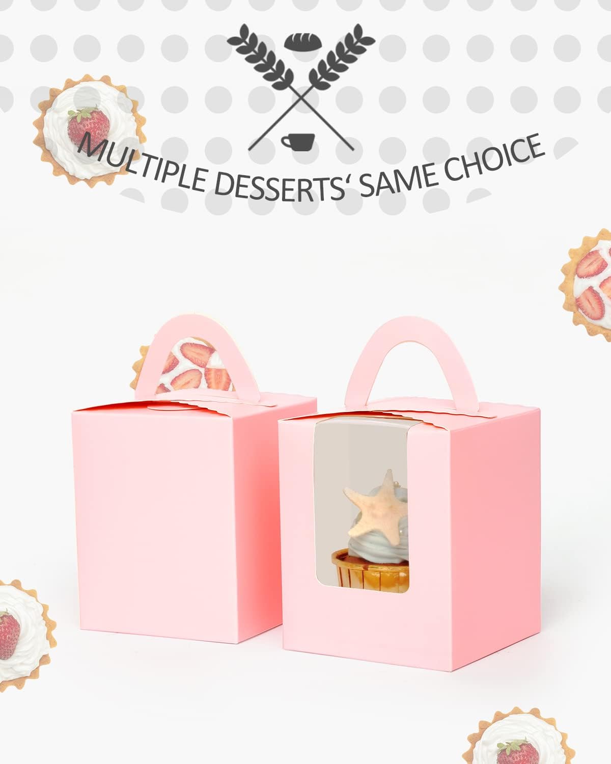 qiqee Pink Cupcake Boxes Individual 100 Packs Cupcake Holders Disposable Single Cupcake Boxes with Window 3.6" 3.6"*4.3" Cupcake Containers