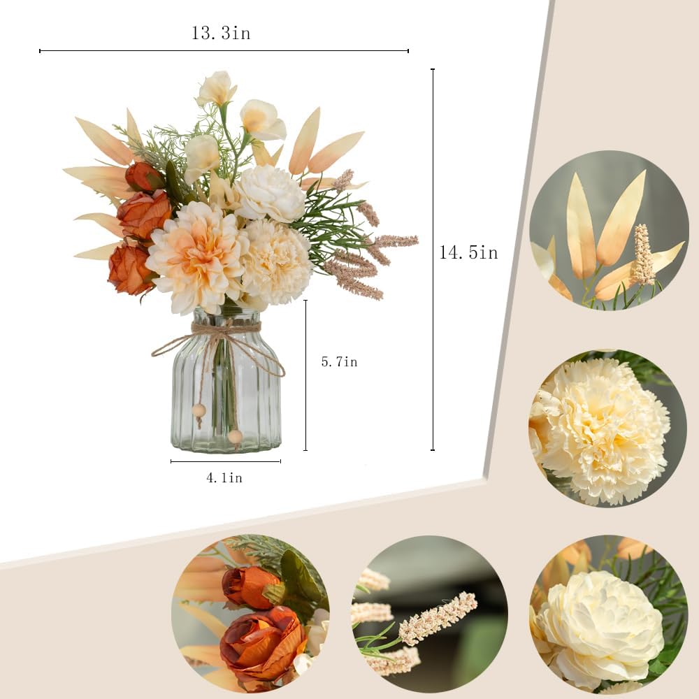 LESING Dahlia Flower Aritificial Flower with Vase Fake Silk Flowers in Glass Vase, Faux Rose Flowers Arrangement for Home Office Table Centerpiece Decoration (Champagne)