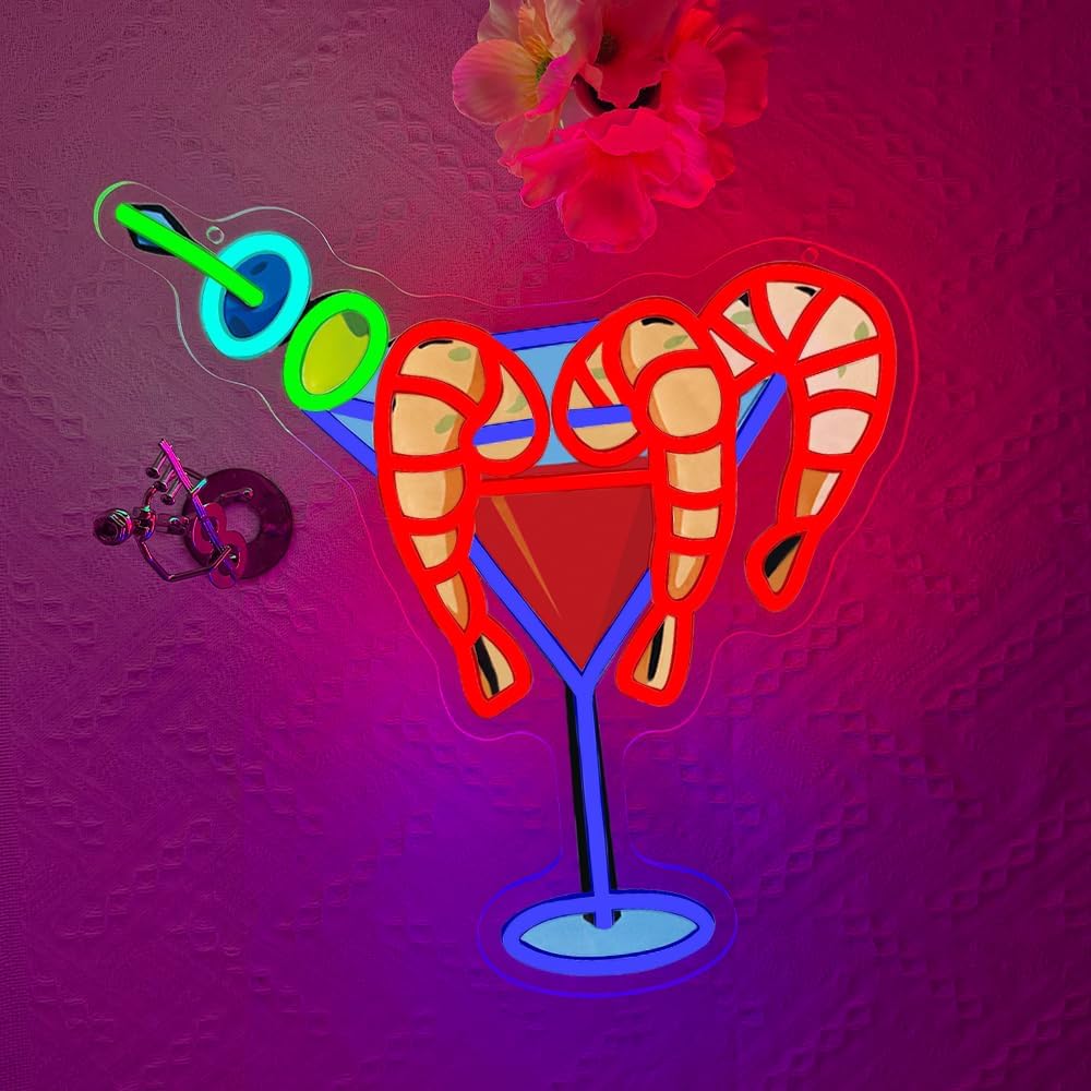 Cocktails Drinks Neon Signs for Wall Decor,Shrimp LED Neon Sign for Cocktails Bar Art Wall Lights,Adjustable Brightness Drinks Neon Sign for Beer Bar Decor,Restaurant,Pub Party,Night Club,Business