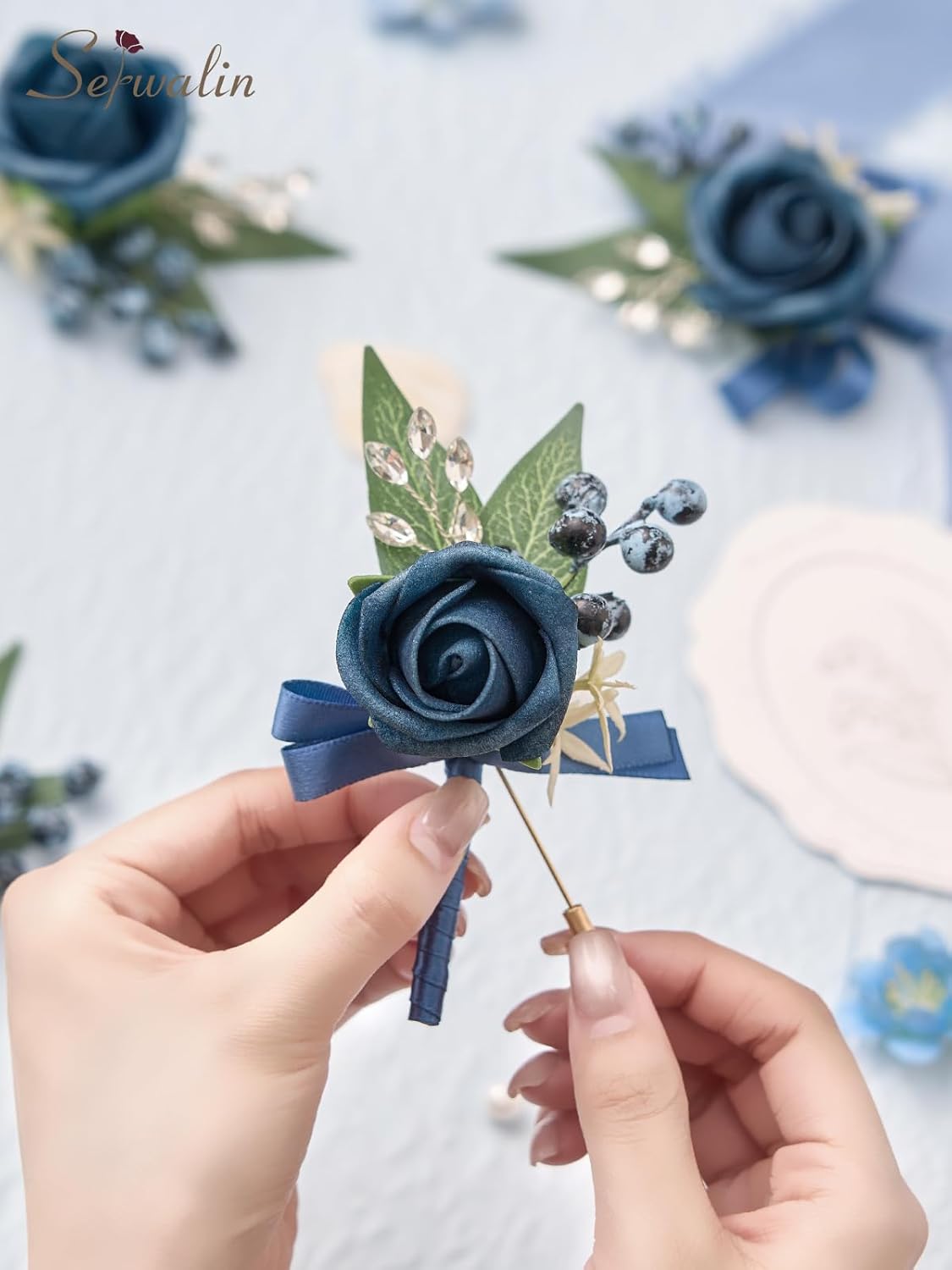 Serwalin 10Pcs Boutonniere for Men, Blue Groom and Best Man Boutonniere, Artificial Flowers for Wedding Decor Prom Homecoming Ceremony Anniversary Formal Dinner Party