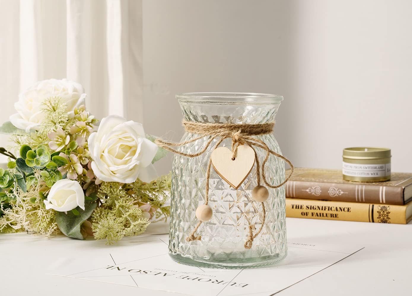 YJ Fake Flowers with Vase, Silk Roses Artificial Flowers in Vase, Faux Flower Plant Arrangement Suitable for Home Office Decoration, Dining Table Centerpiece(White)