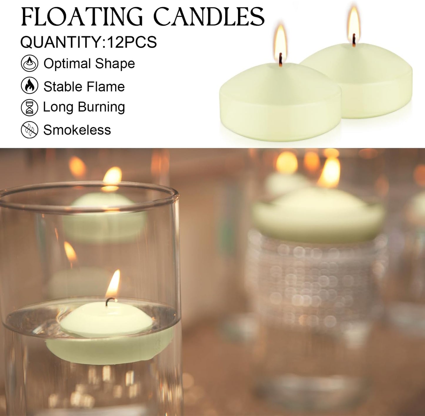 12 Pcs 3 - inch Floating Candles, Smokeless and Odourless, Burns for 8-10 Hours, Ivory, Suitable for Festivals, Weddings, Holidays, Home Decoration.