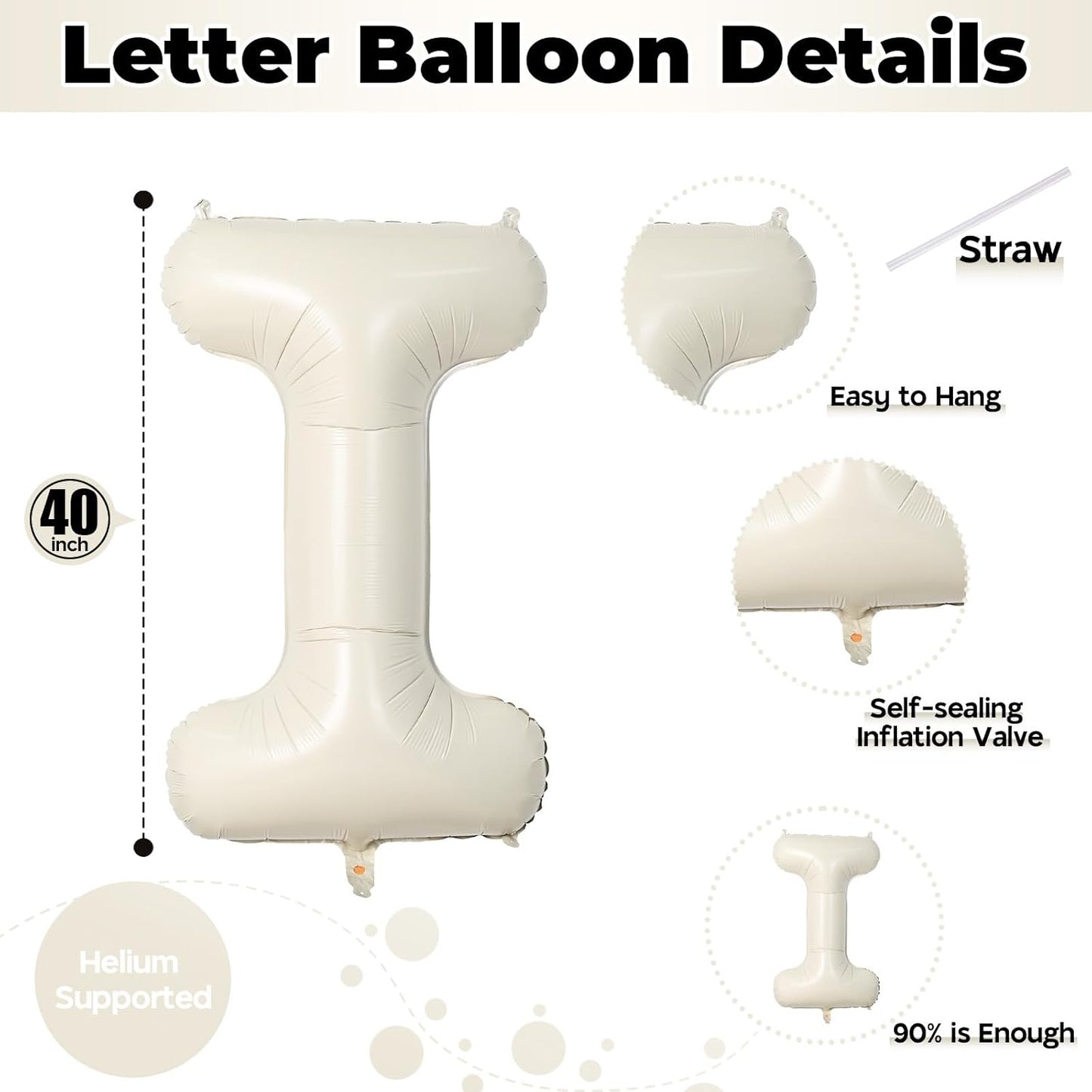 Cream 40 Inch I Foil Name Balloon, Self Inflating Large Letter Balloons for Girls Birthday Party, Baby Shower Decoration