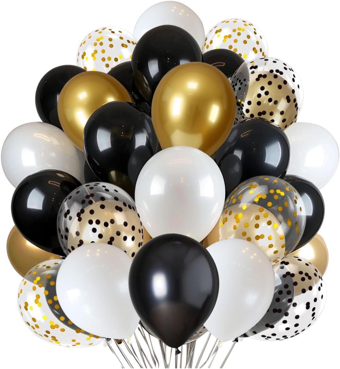 300 Pcs Black Gold Confetti Balloons Set Lncludes 12 inch Black White Gold and Confetti Balloons for Birthday Party Supplies Wedding Graduation Decorations