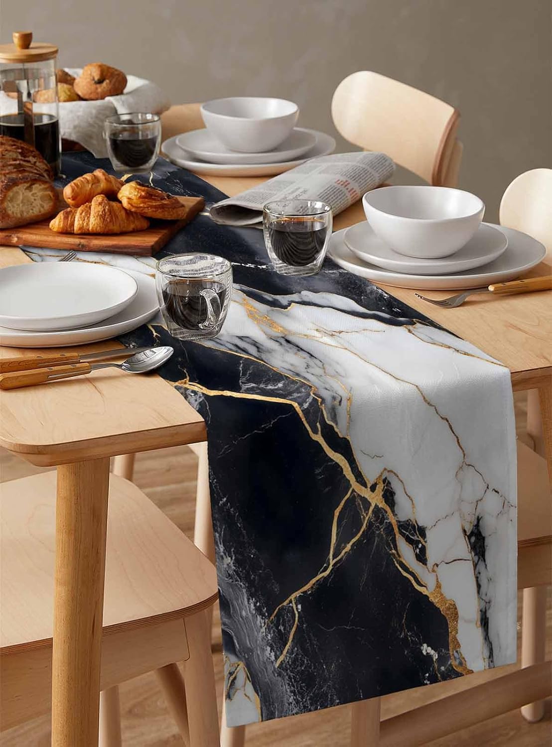 Black White Marble Cotton Linen Table Runner for Dining Kitchen, Wedding Outdoor Party Tablerunners Decoration, Nature Marble Crack Modern Art Dresser Scarf Coffee Tablecloth Runners 13x36 Inches