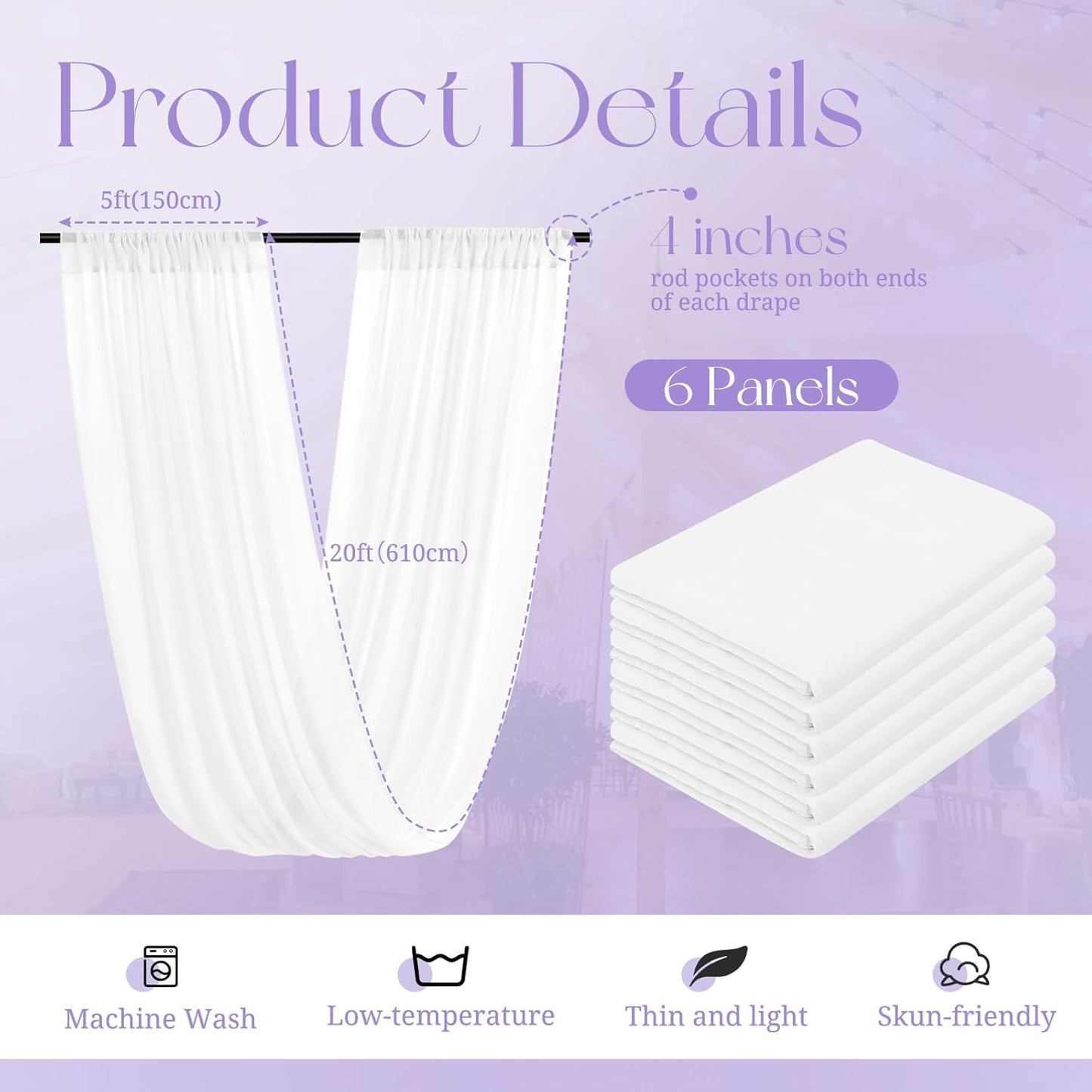 White Ceiling Drapes for Wedding, 5ftx20ft Sheer Fabric Curtain, Wedding Arch Draping, Romantic Decorations for Party Ceremony Stage