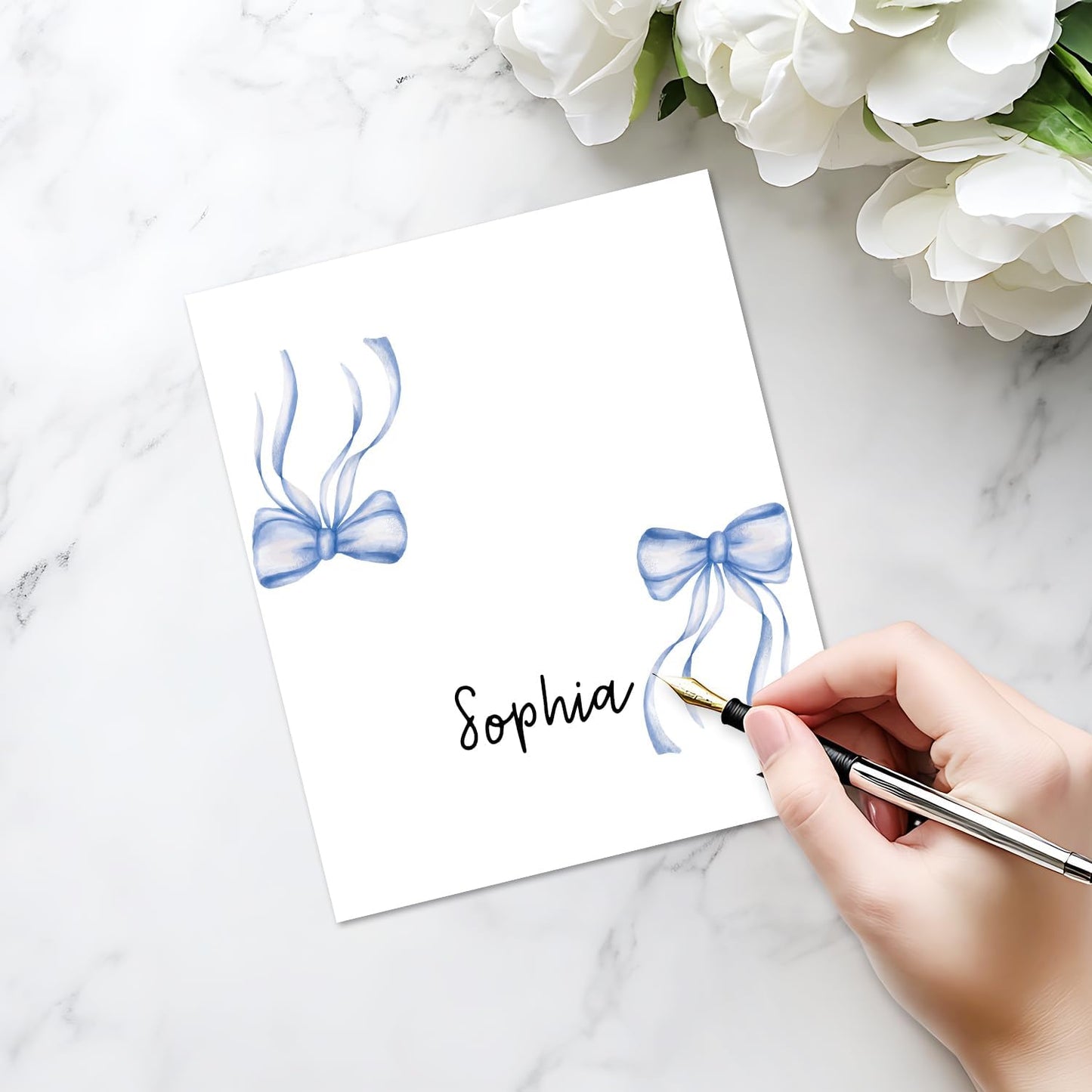 25 Pack Blue Bow Place Cards, Editable Name Cards for Table Setting, Watercolor Tent Cards Food Label for Dinner Party, Bridal Shower, Wedding, Baby Shower and Events -T32
