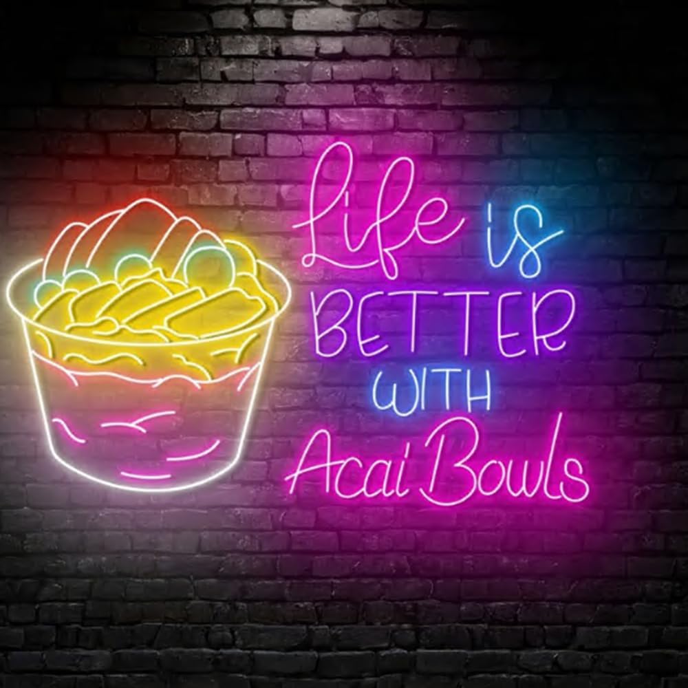 Life Is Better With Acai Bowls Neon Sign, Acai Bowl LED Light,Smoothies Neon Light, Smoothies Shop Decor, Acai Lover Gift Size:23inch