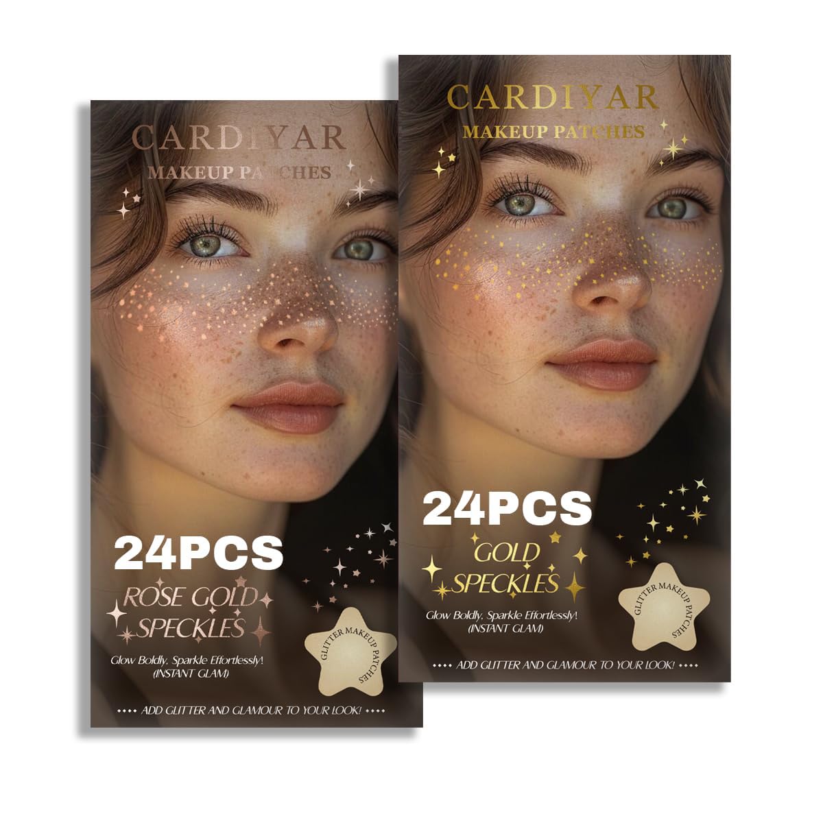 Glitter Freckles, 24PCS Glitter Freckles Face Tattoo, Sparkle Freckles for Women, Waterproof Gold Temporary Face Tattoos Glitter Glow Up Patches Makeup Patches (Gold & Rosegold)
