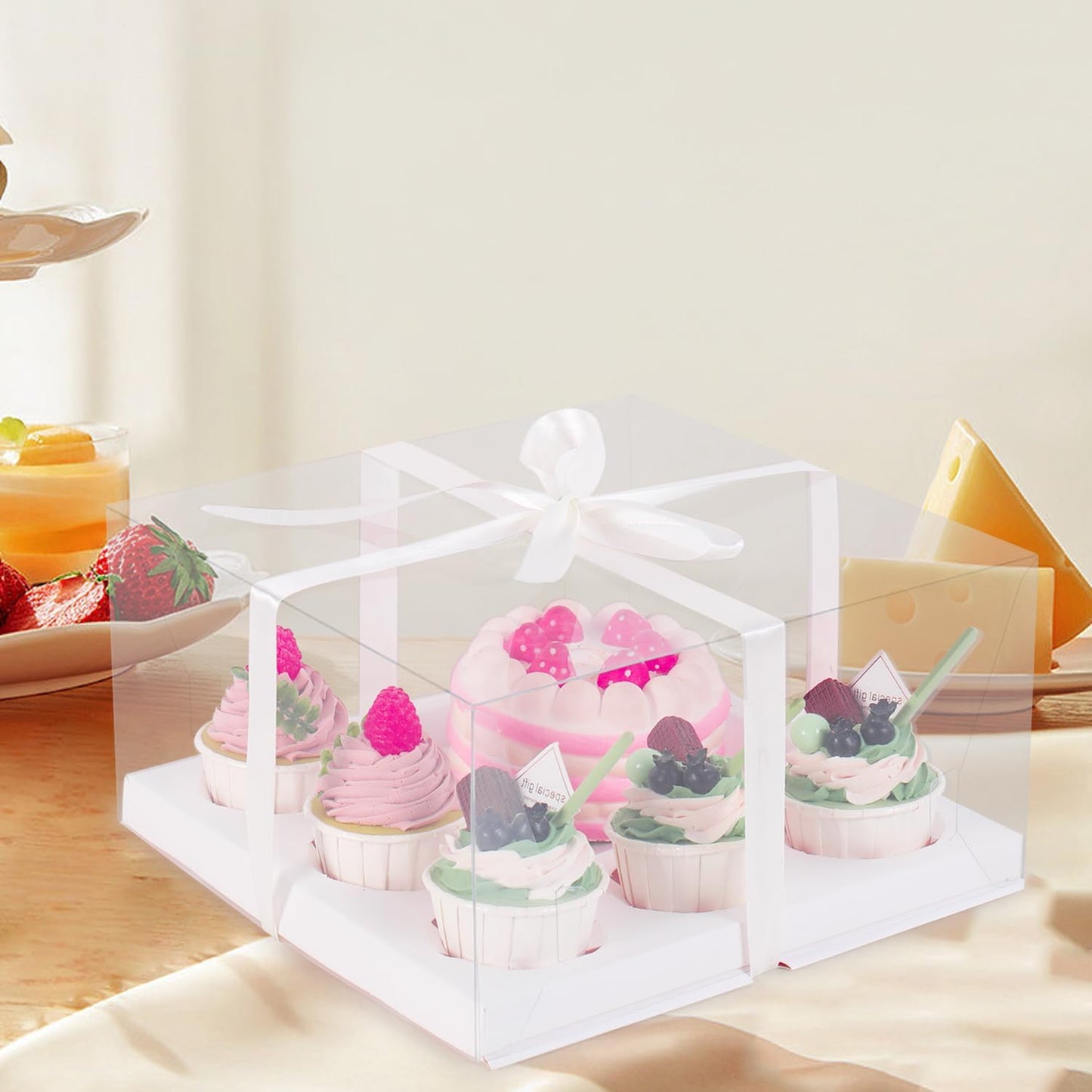 JCD 5 Pcs Bento Cake and Cupcake Box 1+5 Combination Clear Window Bento Boxes with Ribbon 4-5in Mini Cake and 5 Cupcakes Combo Box for Family Dinner Wedding Birthday Party Picnic Gift(1+5/5Pcs)