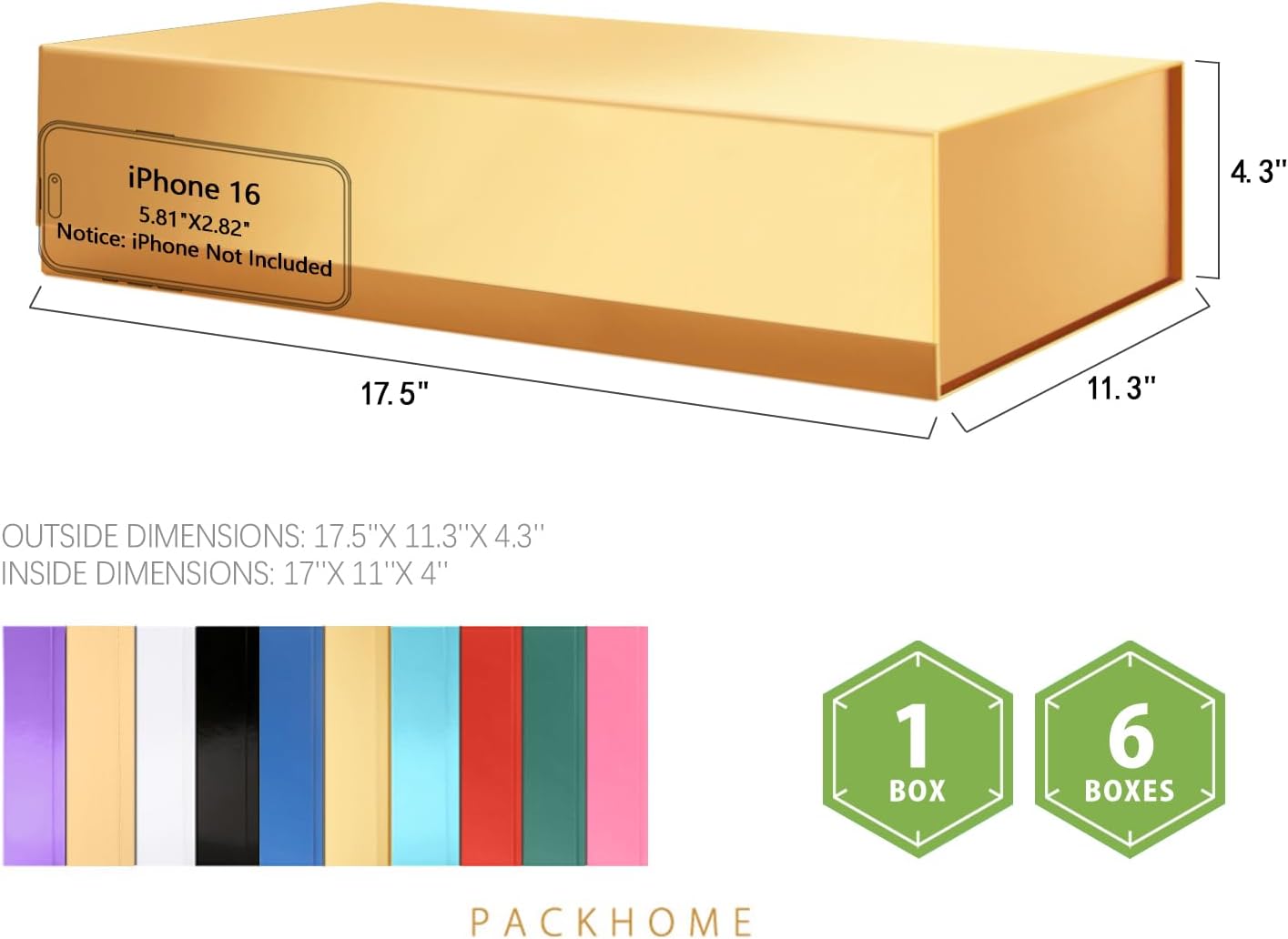 PACKHOME 6 Extra Large Gift Boxes 17.5x11.3x4.3 Inches, Sturdy Shirt Boxes with Magnetic Lids for Clothes and Large Gifts (Glossy Gold)