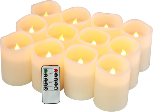 Flameless Candles Battery Operated Candles Set of 12(D:3" X H:4") Pillar Real Wax Led Candles with 10-Key Remote and Cycling 24 Hours Timer