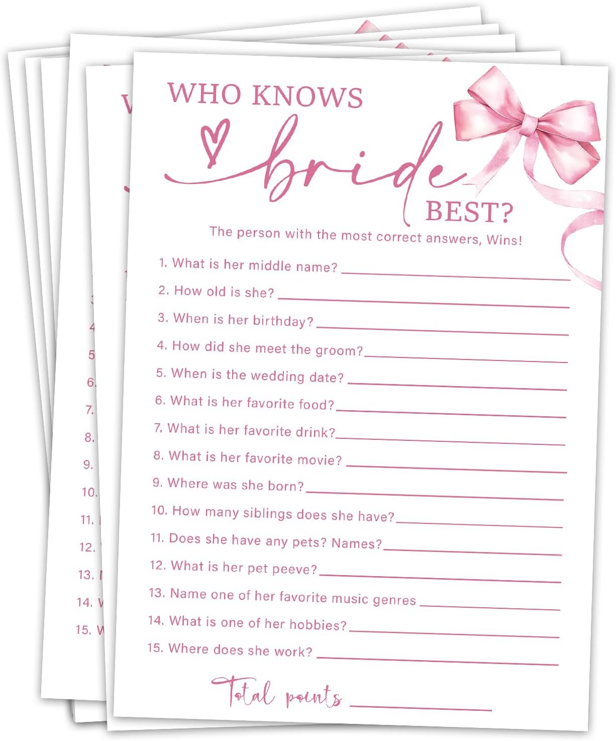 Pink Bow Wedding Shower Games Cards, Bridal Shower Games 30 Guest, Engagement Party Wedding Game for Reception Dinner Activities/HL 001