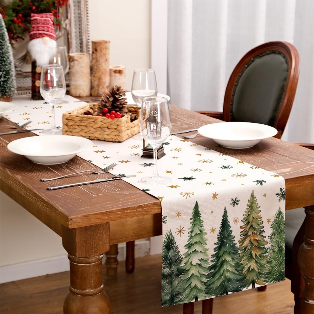 GEEORY Christmas Table Runner 13x60 Inch, Xmas Tees Snowflakes Holiday Decorative Farmhouse Table Decoration for Kitchen Dinning, Indoor Outdoor Dinner Party Decor (Light Green) GT166-60