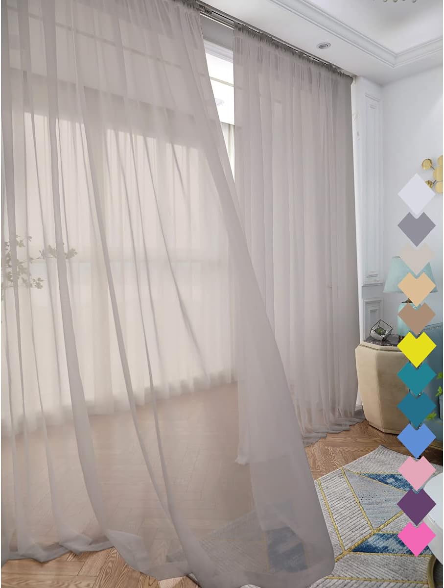 Window Light Gray Sheer Curtains 120 Inches Long 2 Panels Sheer Curtain Basic Rod Pocket Panel for Bedroom Children Living Room Yard Kitchen