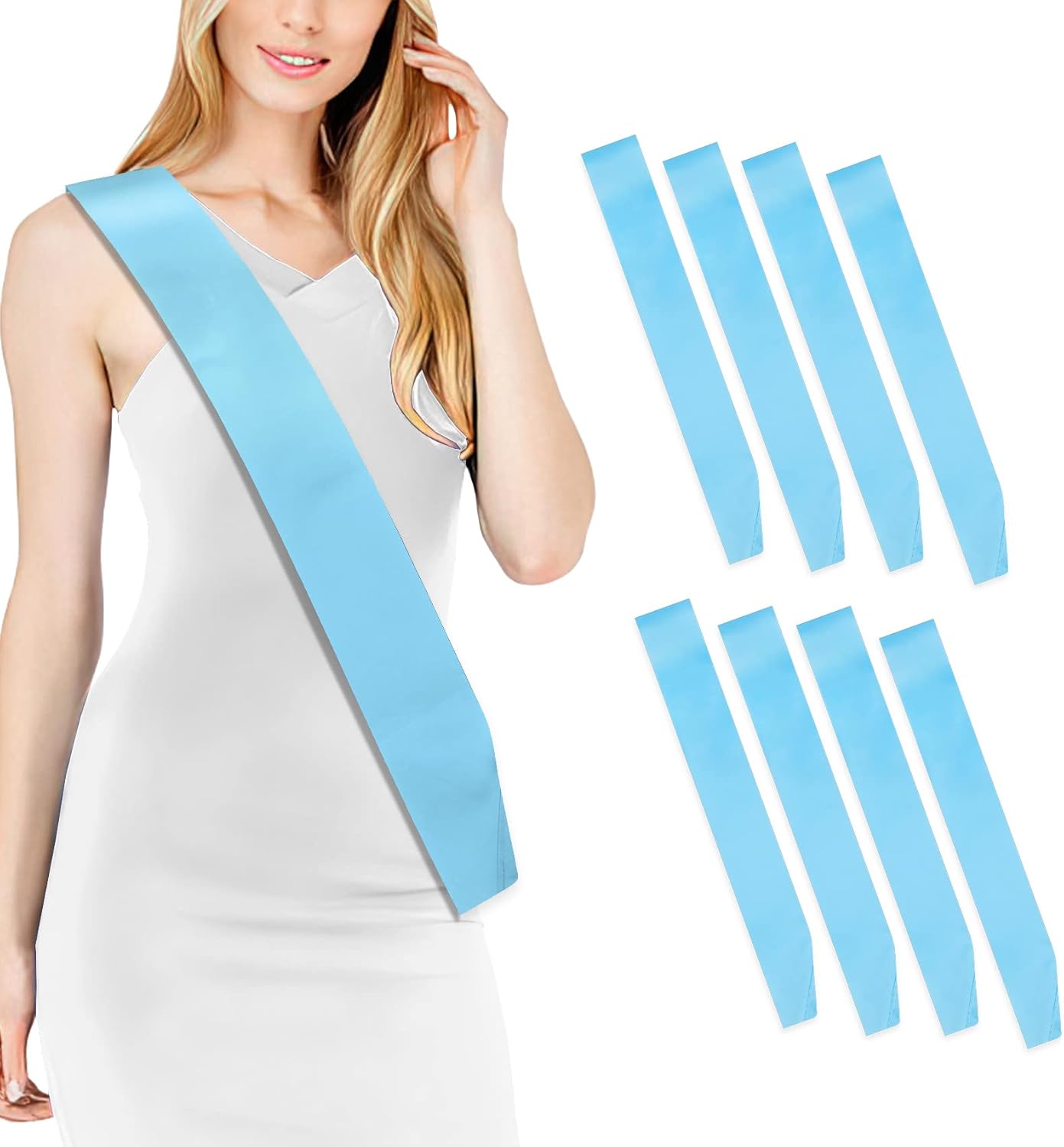 8-Pcs Light Blue Satin Bride's Sashes, Diy Sash Collection for Pageants, Birthdays, Weddings & More, Customizable Sashes