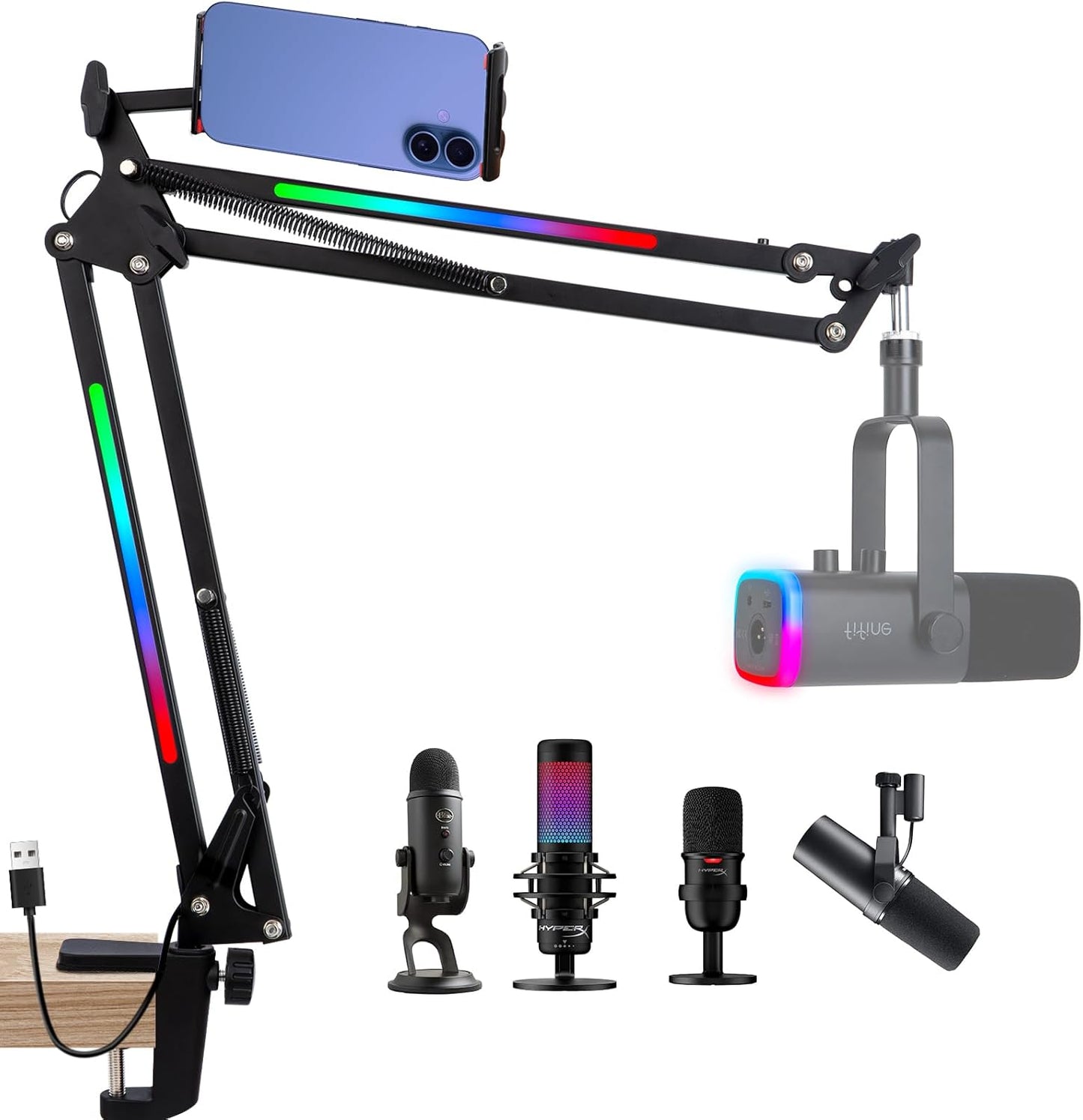 SUNMON RGB Boom Arm - Mic Arm With RGB Light, Adjustable 11 Light Modes, Microphone Boom Arm With Adapter Compatible with Fifine Microphone, Blue Yeti, HyperX QuadCast and Most Gaming Mic