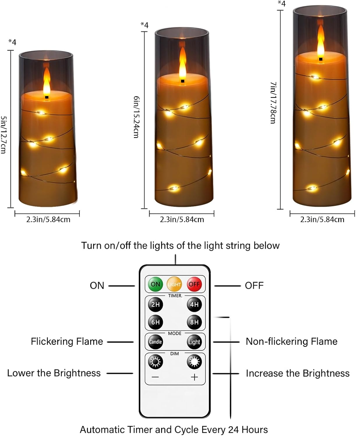 Flameless Candles with Embedded Star String - Battery Operated LED Candles, with Remote,12 Grey Flickering Candles for Christmas, Weddings, Home Decor & Party,(D 2.3"×H 5" 6" 7")