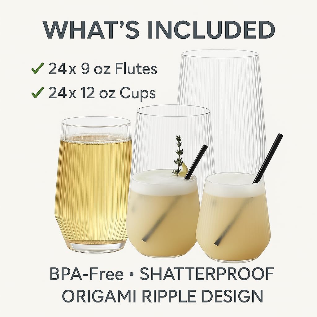 48 Pack Ribbed Origami Ripple Plastic Glasses, 24 9 Ounce Stemless Champagne Flutes & 24 12 Ounce Cups, BPA-Free Disposable Shatterproof Toasting Glasses for Weddings, Bars, and Events (Clear)