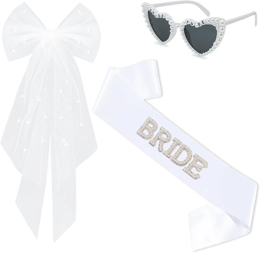3Pcs Bride to Be Sash and Bow Veil Set, Bachelorette Party Favors, White Pearl Bride To Be Sash, Pearl Heart Sunglasses for Bachelorette Party Gifts Bridal Shower Wedding
