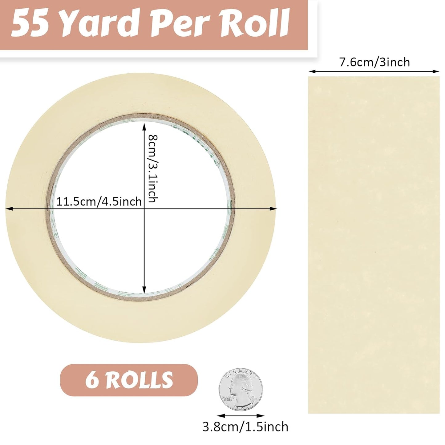 Masking Tape Bulk General Purpose Masking Painting Tape 55 Yards for Painting Home Office School Stationery Arts Crafts Basic Use, Easy Removal(6 Rolls,3 Inch)