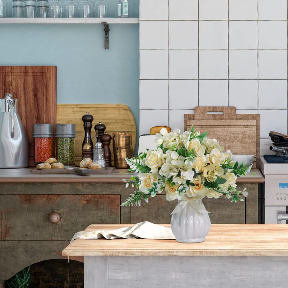 LESING Artificial Rose Silk Hydrangea Flowers Bouquets with Vase Rustic Fake Flowers for Home Decoration Table Centerpiece (Champagne)