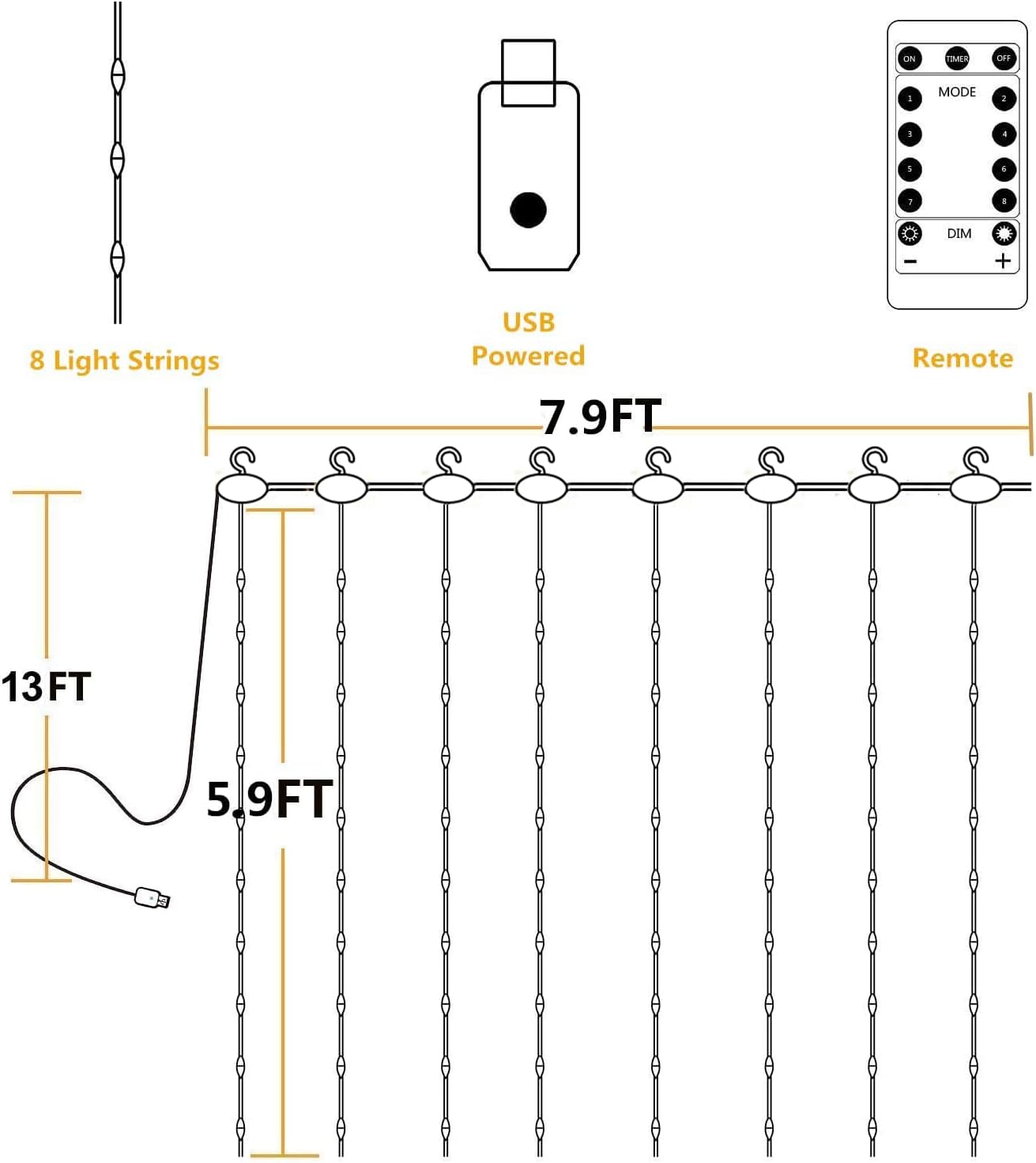 YEOLEH String Lights Curtain,7.9 x 5.9Ft 144LEDs USB Powered Fairy Lights for Bedroom Wall Decor,8 Modes & IP64 Waterproof Ideal for Outdoor Indoor Home Garden Party Holiday Halloween Room,Warm White