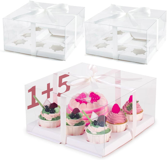 JCD 5 Pcs Bento Cake and Cupcake Box 1+5 Combination Clear Window Bento Boxes with Ribbon 4-5in Mini Cake and 5 Cupcakes Combo Box for Family Dinner Wedding Birthday Party Picnic Gift(1+5/5Pcs)