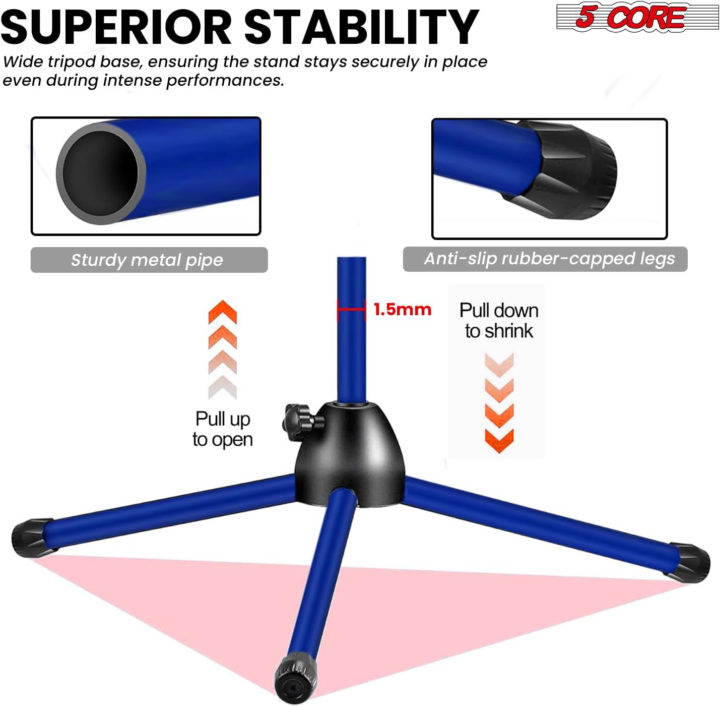 5 Core Tripod Mic Stand Floor Adjustable 18 to 72 Inches Sturdy Boom Arm Holder Microphone Stands Pedestal Para Microfono for Singing - MS 080 SKY D-BLU