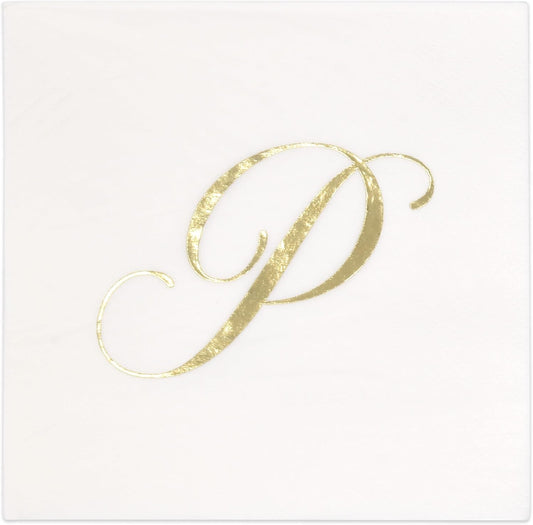 Gift Boutique - 100 Gold Monogram Cocktail Napkins Letter P Disposable Paper Pack Elegant Metallic Golden Foil Hand Napkin for Powder Room Wedding Holiday Birthday Party Baby Shower Decorative Towels