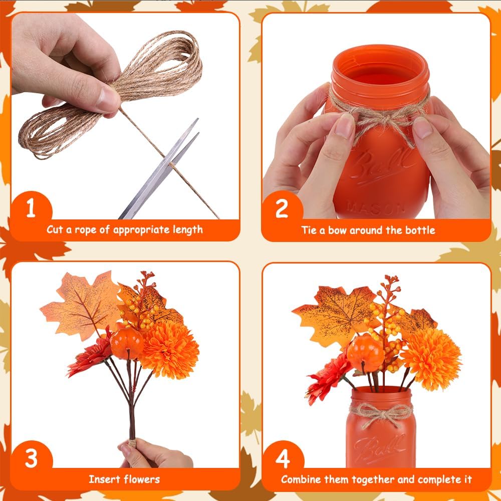 DIYDEC 3PCS Fall Mason Jars 3 * 5Inch Lighting Painted Thanksgiving Tiered Tray Decorative Jars with Wood Tray &Artificial Flowers Wishing Bottles for Autumn Holiday Home Table Centerpiece Decor Gift