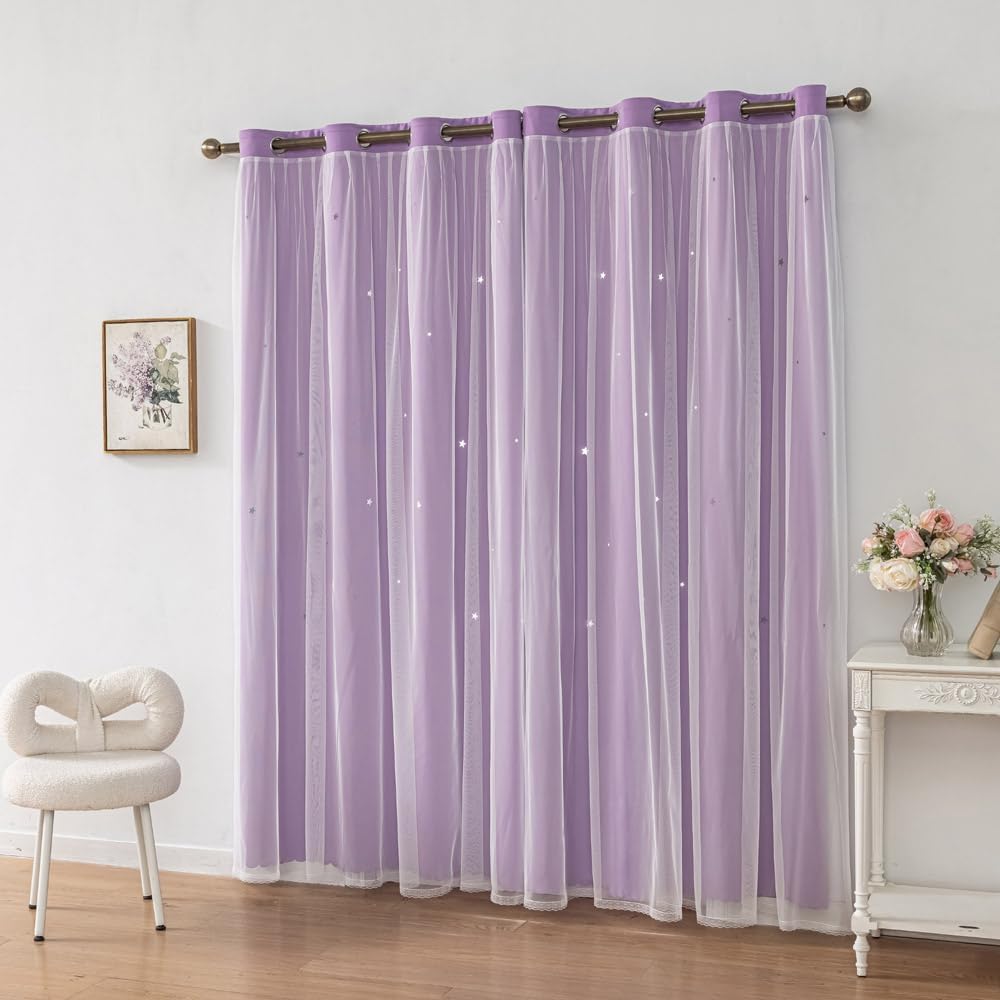 Ombre Rainbow Blackout Curtains for Kid Girls Bedroom Living Room Darking Stripe Double Layer Star Cut Out Wall Home Decor Gradient Grommet Window Curtains (Purple 63L)