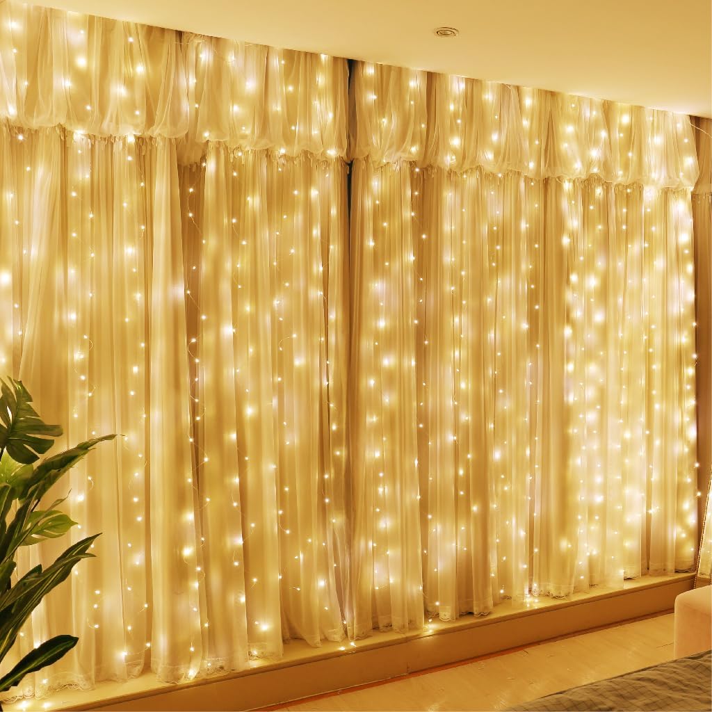 HXWEIYE 300LED Fairy Curtain Lights, 9.8x9.8Ft USB Plug-in 8 Modes Christmas String Hanging Lights with Remote for Bedroom Backdrop Wedding Party Indoor Wall Decor, Warm White