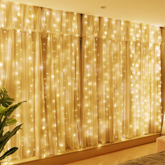 HXWEIYE 300LED Fairy Curtain Lights, 9.8x9.8Ft USB Plug-in 8 Modes Christmas String Hanging Lights with Remote for Bedroom Backdrop Wedding Party Indoor Wall Decor, Warm White