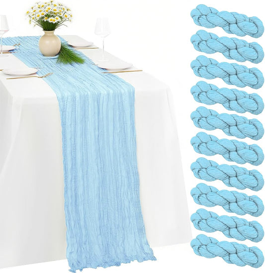 10 Pack Baby Blue Cheesecloth Table Runner -21*120Inch Long Boho Wedding Table Decor, Rustic Gauze Fabric Runner for Bridal Showers, Baby Showers & Parties (Sheer, Lightweight, Wrinkled Design)