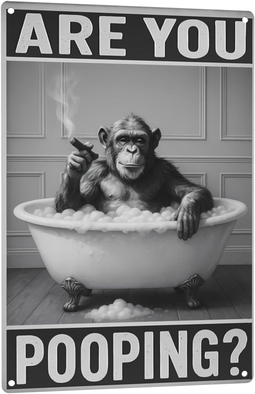 Bathroom Decor Wall Art – Funny Chimpanzee in Bathtub Tin Sign, 8x12 Inch Black and White Vintage Metal Wall Art, Humorous Animal Bathroom Sign for Restroom or Farmhouse (Sign-030)