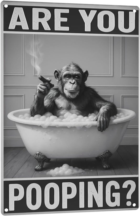 Bathroom Decor Wall Art – Funny Chimpanzee in Bathtub Tin Sign, 8x12 Inch Black and White Vintage Metal Wall Art, Humorous Animal Bathroom Sign for Restroom or Farmhouse (Sign-030)