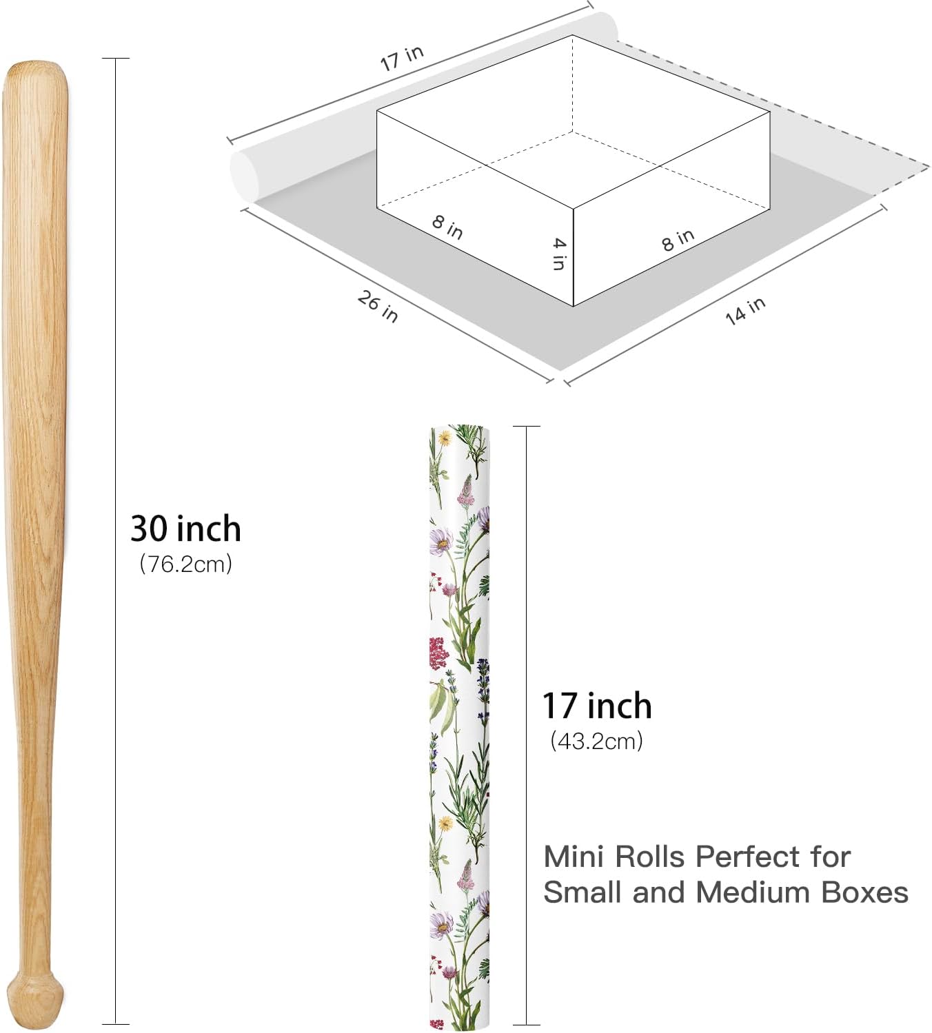 RUSPEPA Floral Wrapping Paper Roll for Women Girls, Mini Roll, Elegant Wild Flower Design Gift Wrap Paper Perfect for Birthdays, Bridal Shower, Spring, Wedding, Mother's Day, 17 Inch x 16.4 Feet