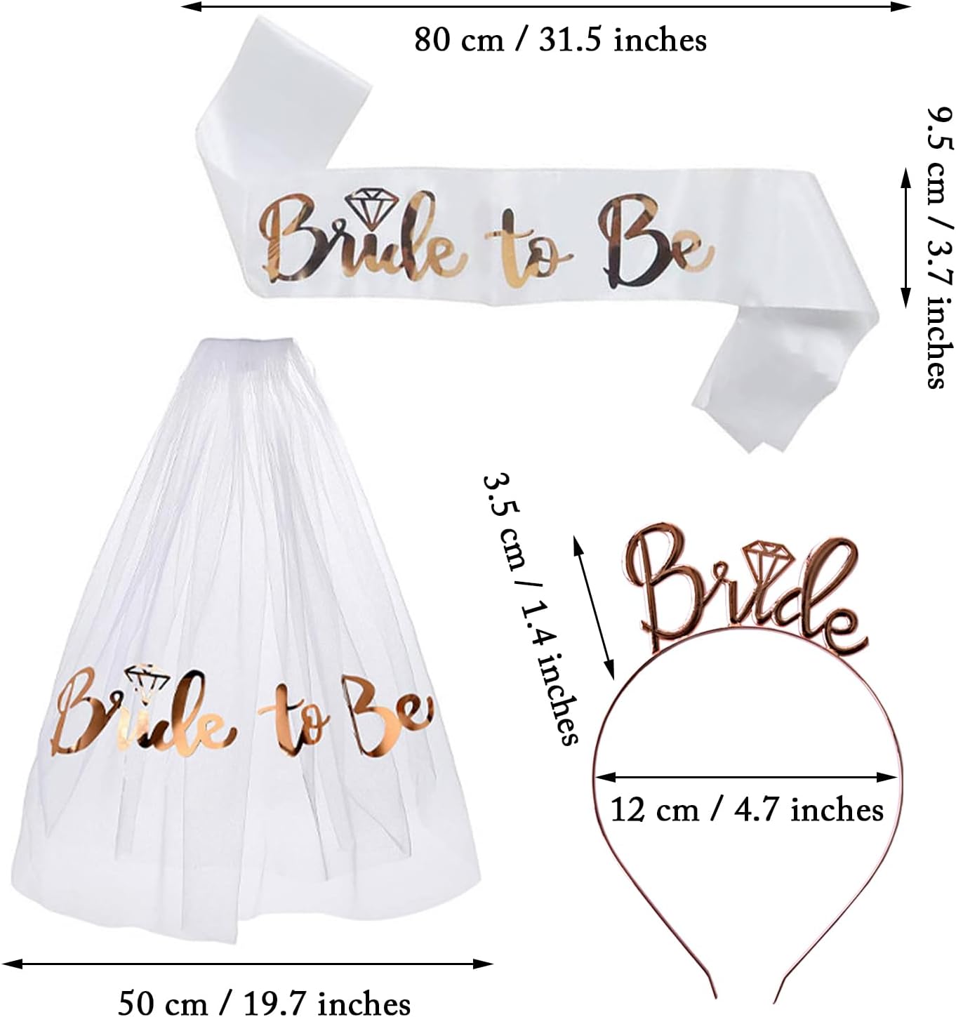 3 Pack Bride to Be Decorations Set, Bride to Be Sash,White Bride Veil, Bride Headband Tiara for Bachelorette Party Bridal Shower Decoration(White with Rose Gold)
